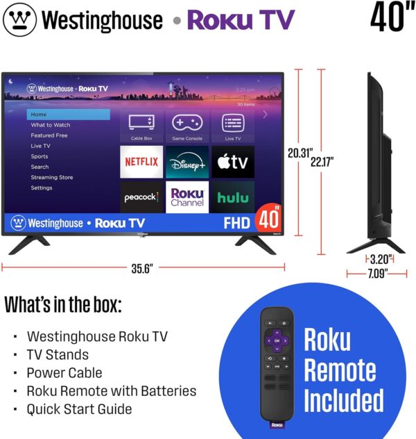 Westinghouse Roku TV - 40 Inch Smart, 1080P LED Full HD with Wi-Fi Connectivity and Mobile App, Flat Screen Compatible with Apple Home Kit, Alexa and Google Assistant - Image 4